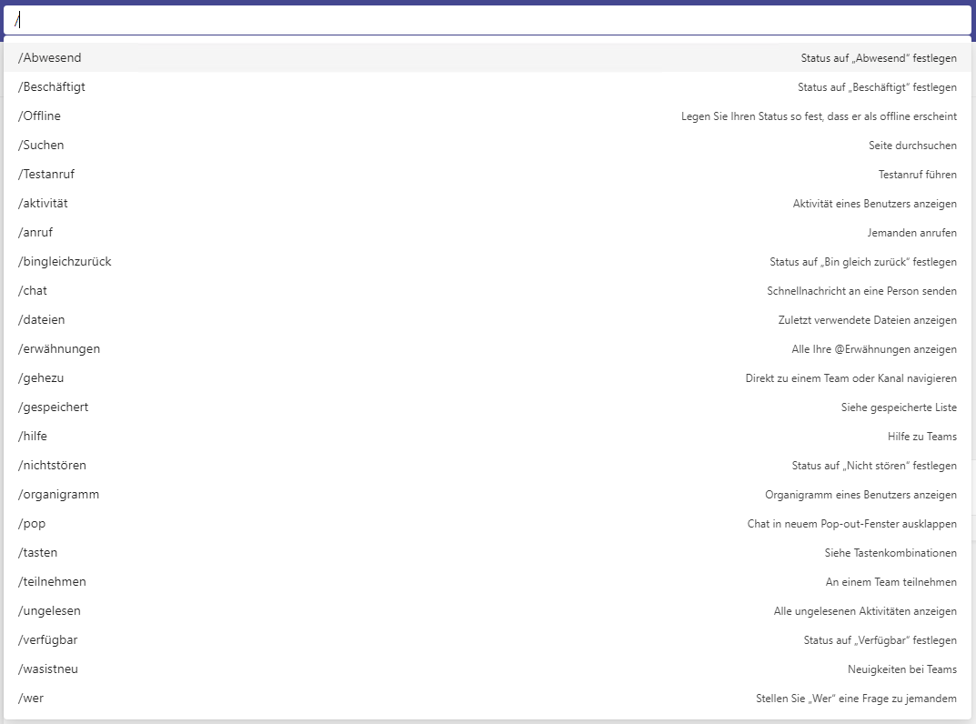 Befehle in Microsoft Teams