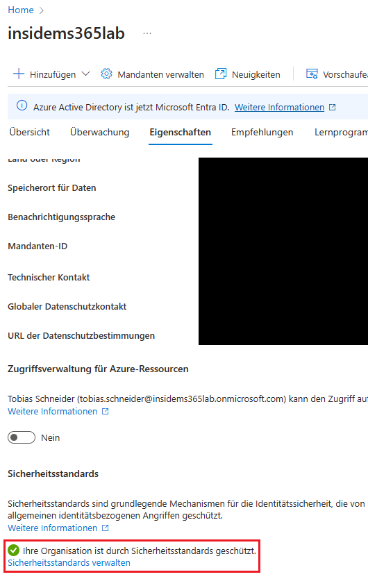 Sicherheitsstandards in Microsoft 365 für die gesamte Organisation deaktivieren