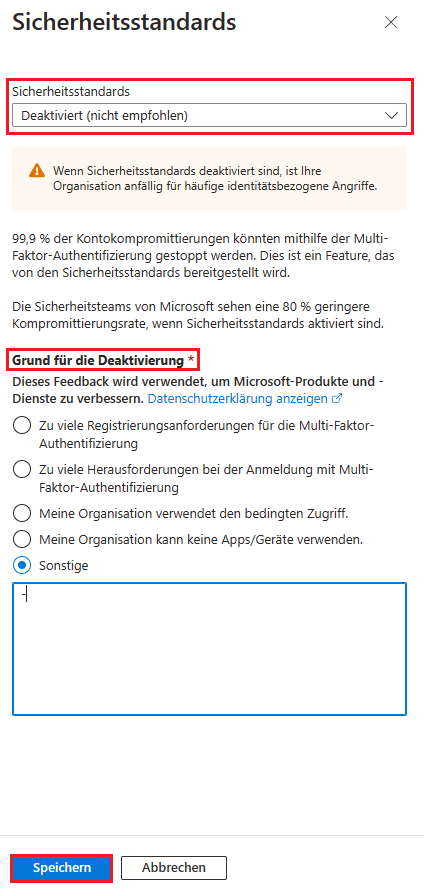 Sicherheitsstandards in Microsoft 365 für die gesamte Organisation deaktivieren