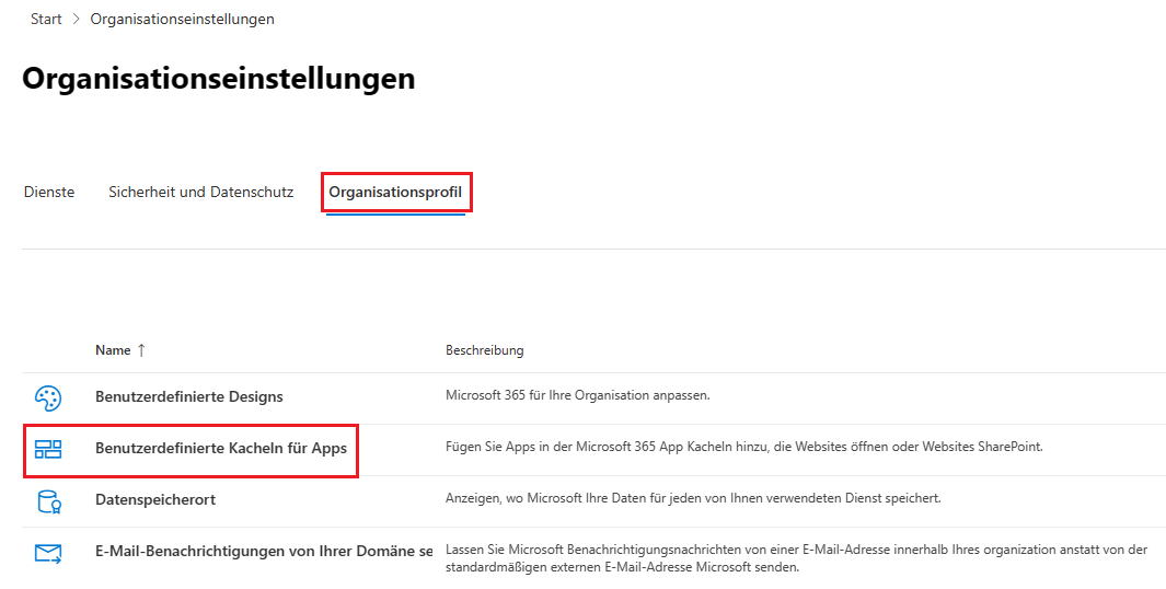 Benutzerdefinierte Kacheln für Apps in Microsoft 365 erstellen