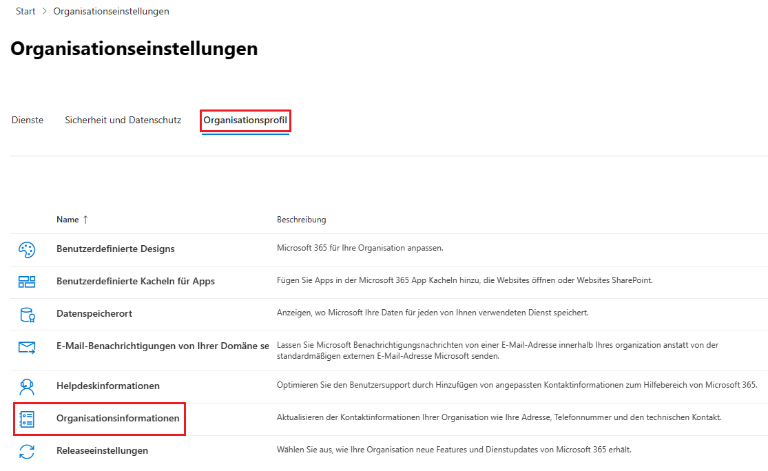 Organisationsinformationen in Microsoft 365 ändern