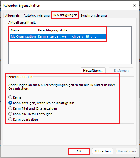 Outlook Kalender Berechtigung verwalten