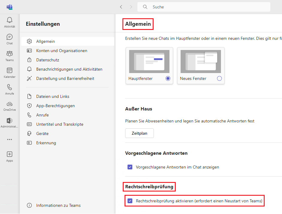 Microsoft Teams Rechtschreibprüfung aktivieren
