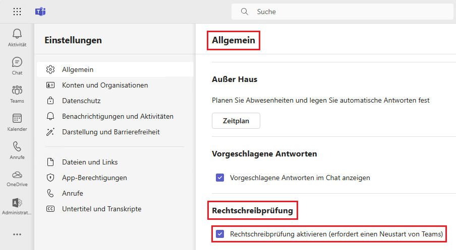 Microsoft Teams Rechtschreibprüfung aktivieren