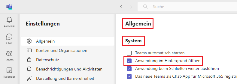 Microsoft Teams im Hintergrund starten