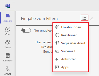 Microsoft Teams Aktivitäten filtern
