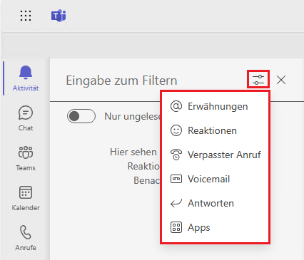 Microsoft Teams Aktivitäten filtern