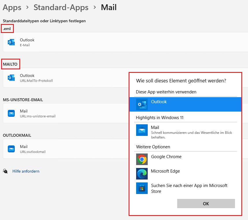 Standard E-Mail Programm festlegen