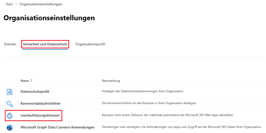 Leerlaufsitzungstimeout in Microsoft 365 festlegen
