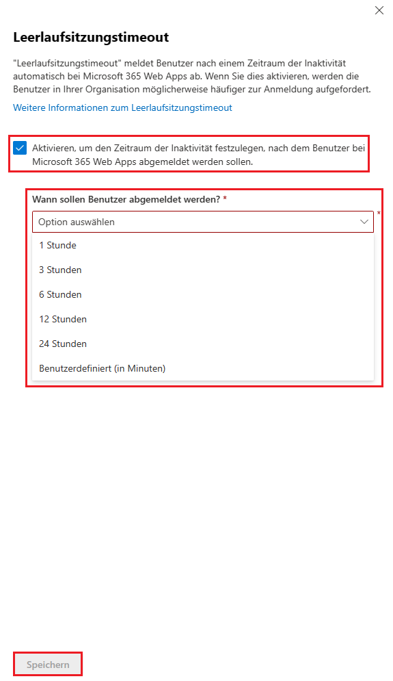 Leerlaufsitzungstimeout in Microsoft 365 festlegen