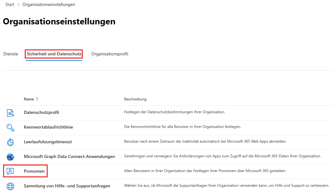 Pronomen Feature in Microsoft 365 aktivieren