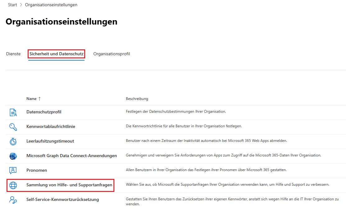 Sammlung von Hilfe- und Supportanfragen in Microsoft 365 festlegen
