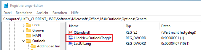Umschalter "Testen Sie das neue Outlook" deaktivieren
