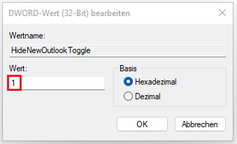 Umschalter "Testen Sie das neue Outlook" deaktivieren