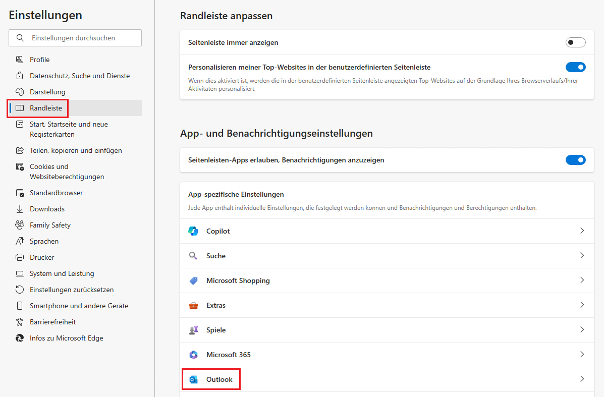 Randleiste im Edge beim Öffnen von Links über Outlook deaktivieren