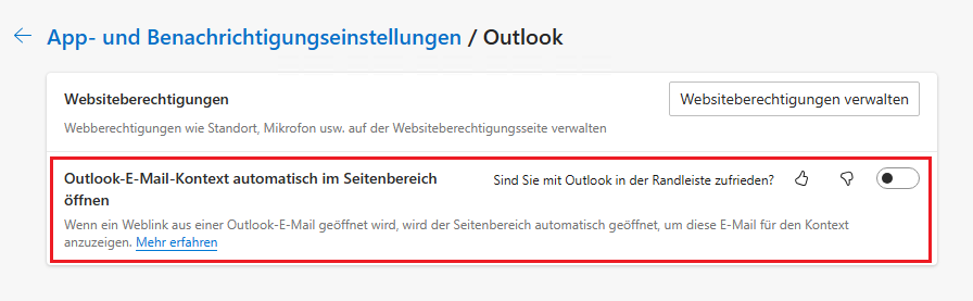 Randleiste im Edge beim Öffnen von Links über Outlook deaktivieren