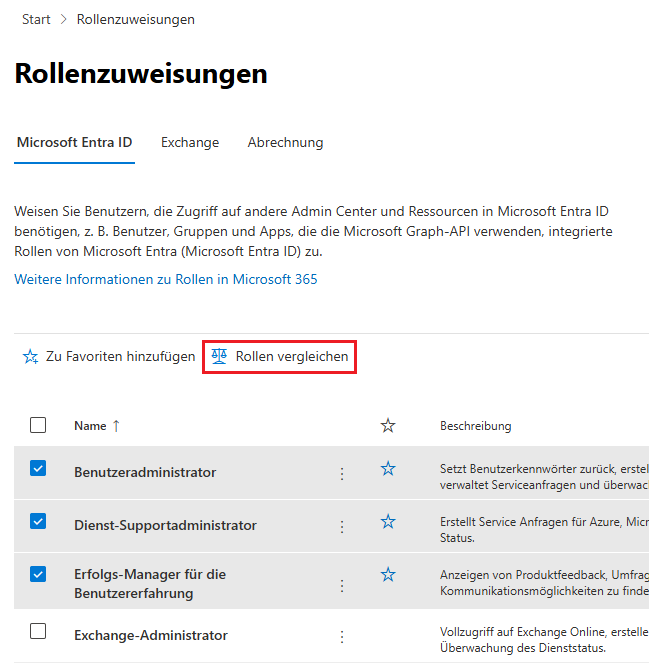 Rollen im Microsoft 365 Admin Center vergleichen
