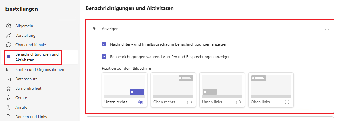 Microsoft Teams Benachrichtigungen positionieren